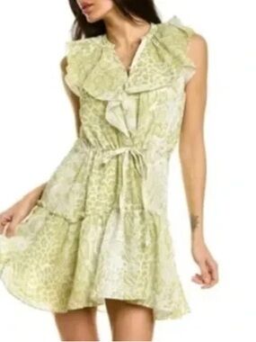 All Saints Ali Noche Snake Print Light Green Ruffle Tie-Waist Mini Dress